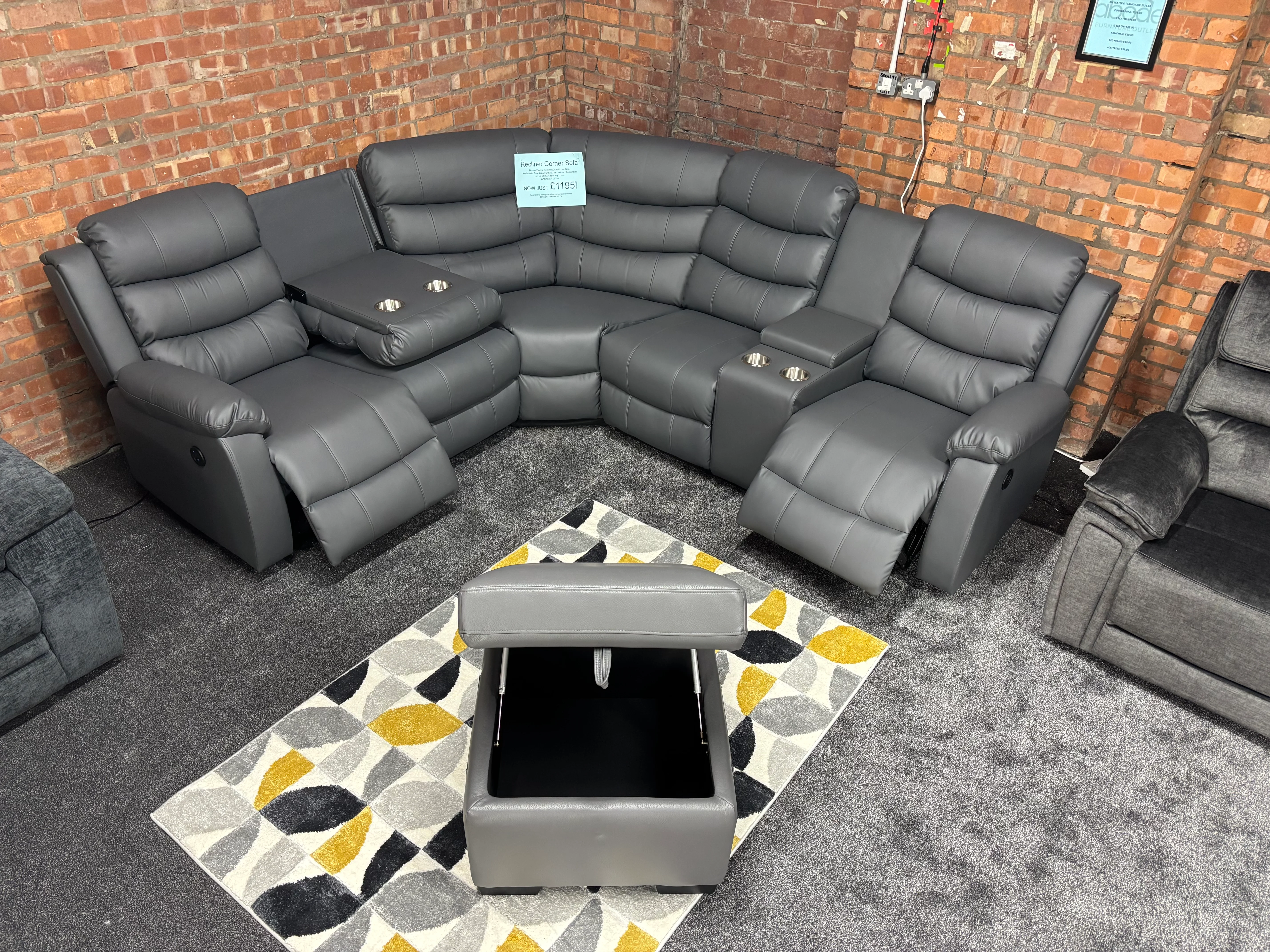 'Lando' Grey Leather Reversible Reclining Corner Sofa | Comes With A Storage Footstool, Drinks Console | Fold Down Tray Table | High Backrest & Seating Position | Couch | - Image 2