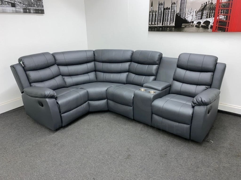Lando Reversible Manual Recliner Grey Leather Corner Sofa with Drinks Console - Image 2