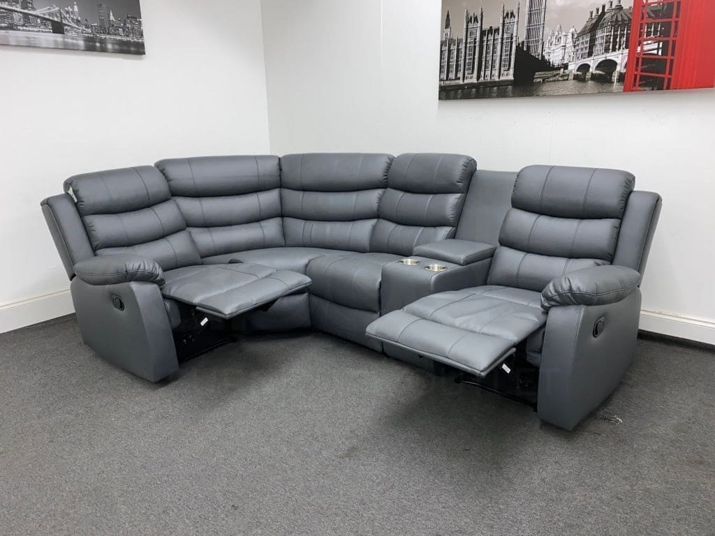 Lando Reversible Manual Recliner Grey Leather Corner Sofa with Drinks Console