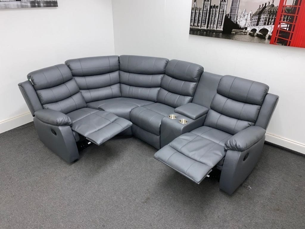 Lando Reversible Manual Recliner Grey Leather Corner Sofa with Drinks Console - Image 3
