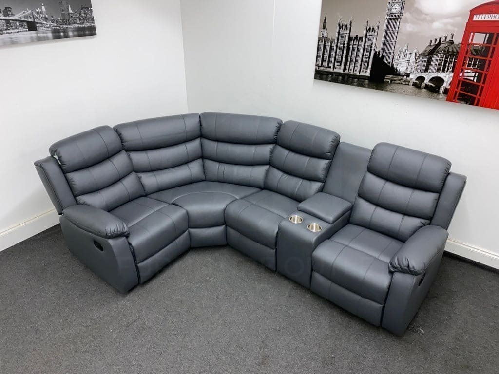 Lando Reversible Manual Recliner Grey Leather Corner Sofa with Drinks Console - Image 4
