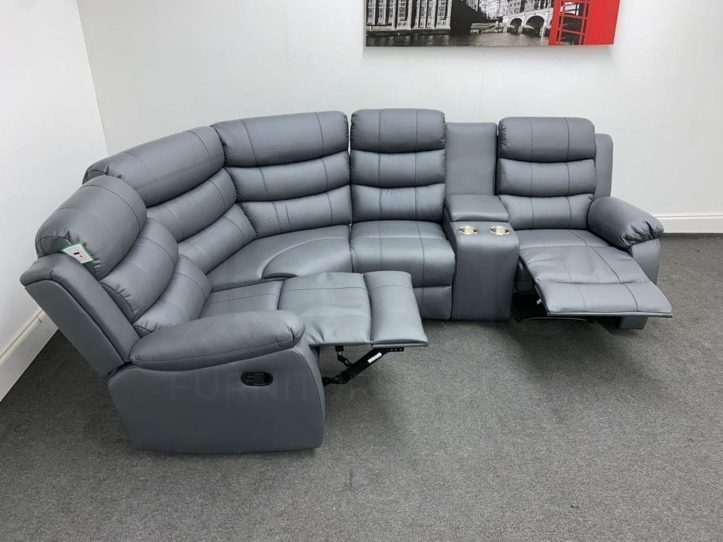 Lando Reversible Manual Recliner Grey Leather Corner Sofa with Drinks Console - Image 5