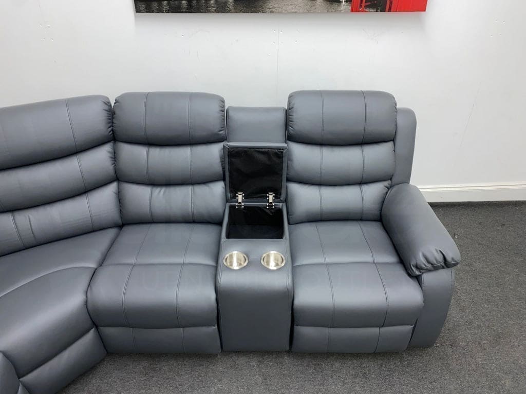 Lando Reversible Manual Recliner Grey Leather Corner Sofa with Drinks Console - Image 6