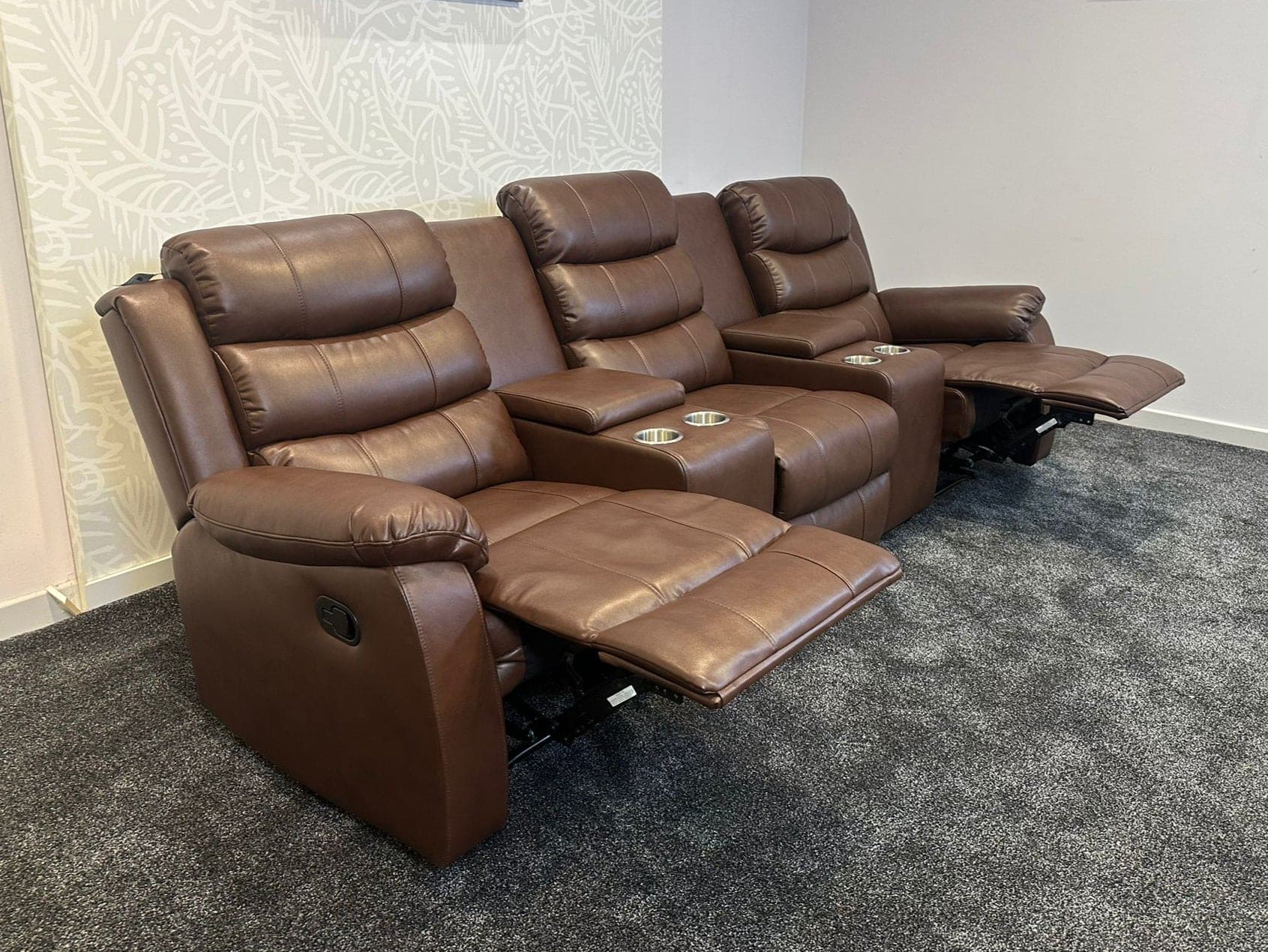 Lando Recliner Brown Leather 3 Seater + 2 Console Sofa - Image 2
