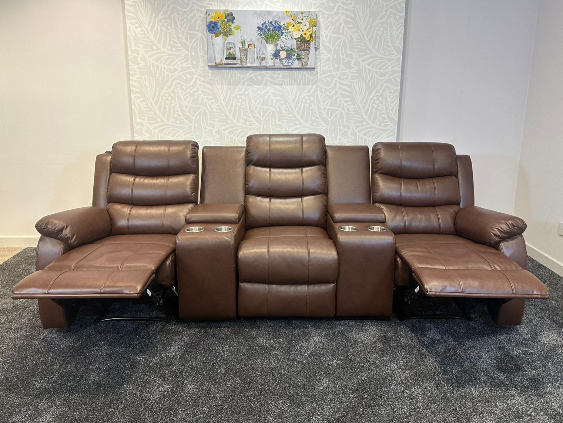 Lando Recliner Brown Leather 3 Seater + 2 Console Sofa - Image 6