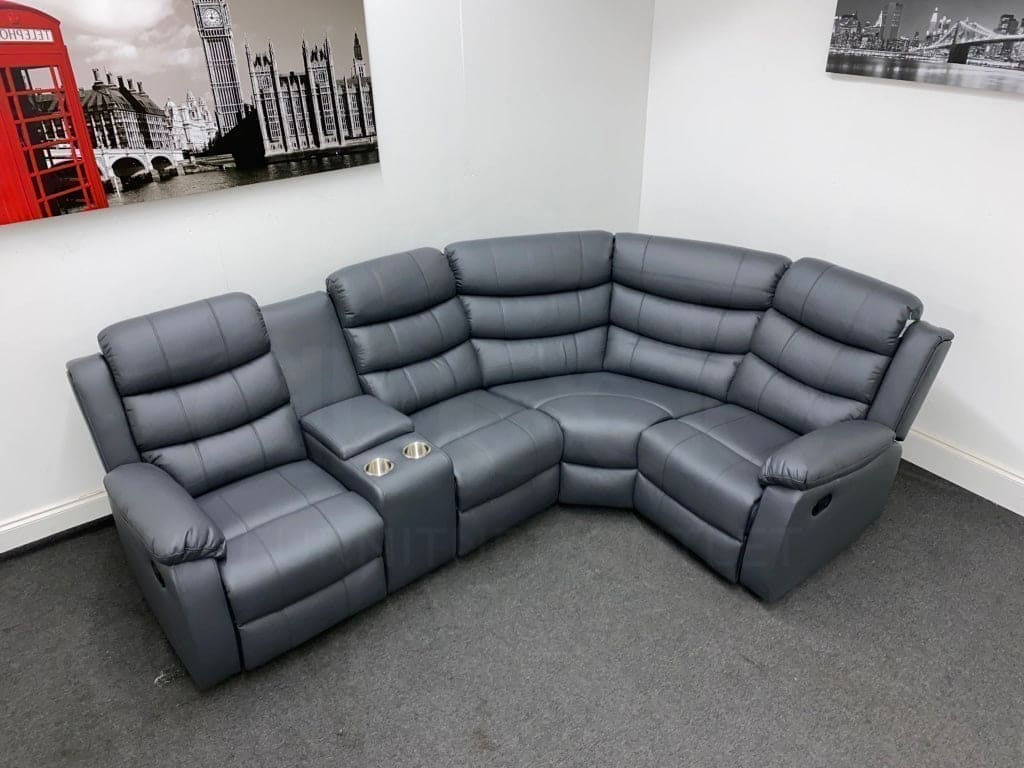 Lando RHF Modular Recliner 4 Seat Grey Leather Corner Sofa with Drinks Console - Image 2