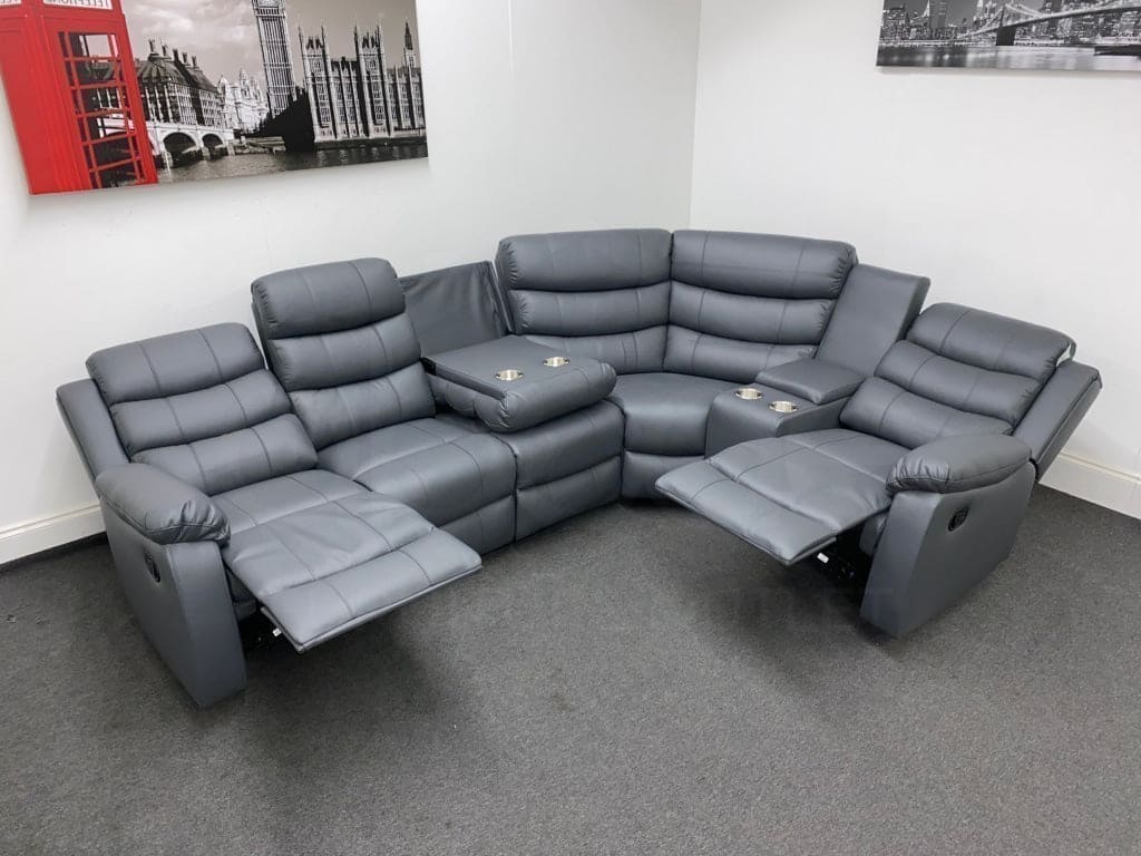 Lando RHF Modular Recliner 5 Seat Grey Leather Corner Sofa With Drinks Console - Image 7