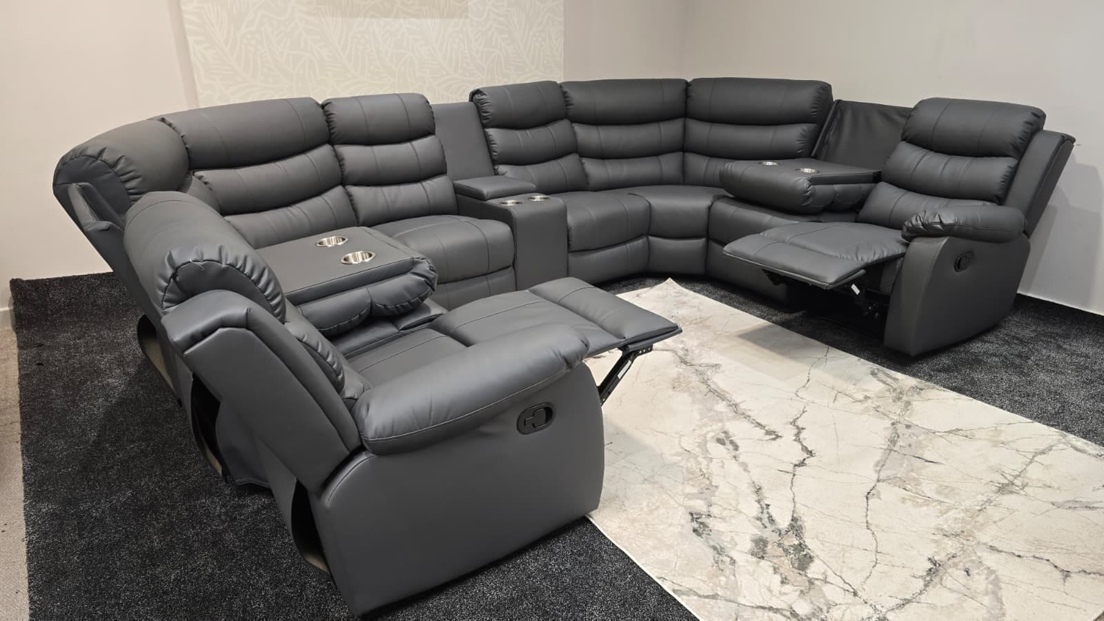 Lando Grey U Shape Corner Sofa With Drinks console & Fold down Tray Tables - Image 3