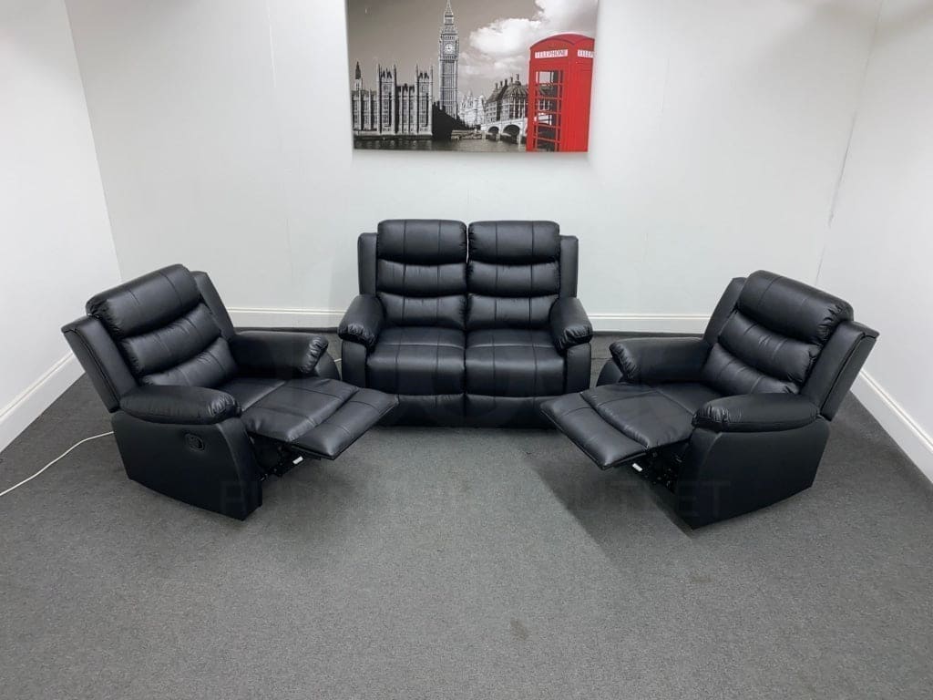 Lando Black Leather Reclining 2 Seater Sofa + 2 Armchairs Sofa & Armchair Set - Image 3