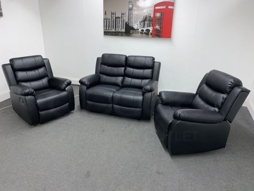 Lando Black Leather Reclining 2 Seater Sofa + 2 Armchairs Sofa & Armchair Set - Image 4