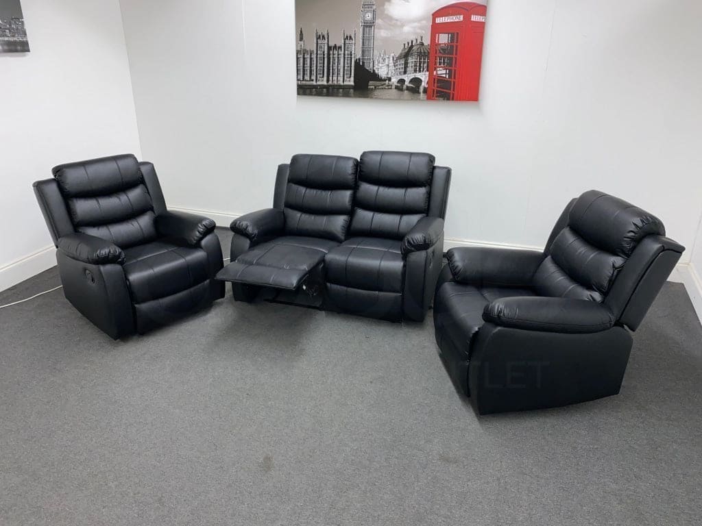 Lando Black Leather Reclining 2 Seater Sofa + 2 Armchairs Sofa & Armchair Set - Image 5