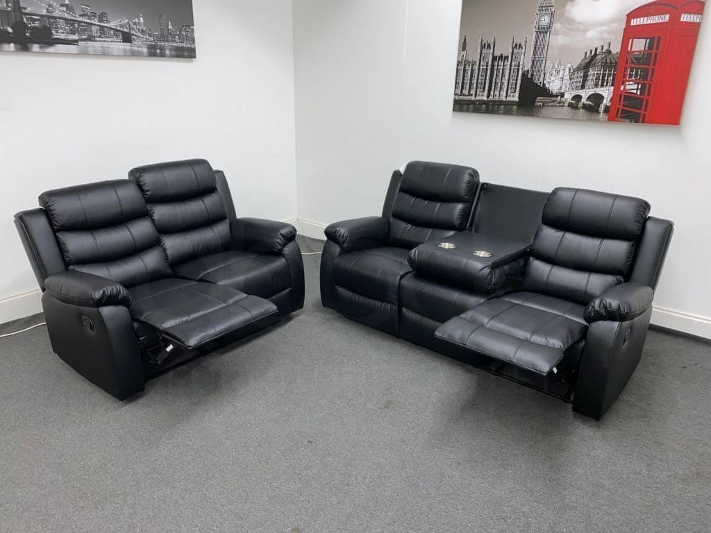 ' Lando ' Black Leather 3 Seater + 2 Seater Reclining Sofa Set | Couch | Fold Down Drinks Tray Table
