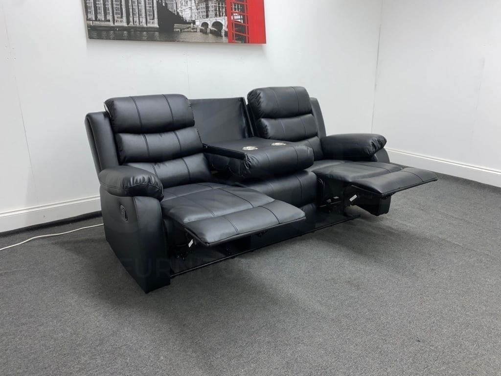 ' Lando ' Black Leather 3 Seater + 2 Seater Reclining Sofa Set | Couch | Fold Down Drinks Tray Table - Image 13
