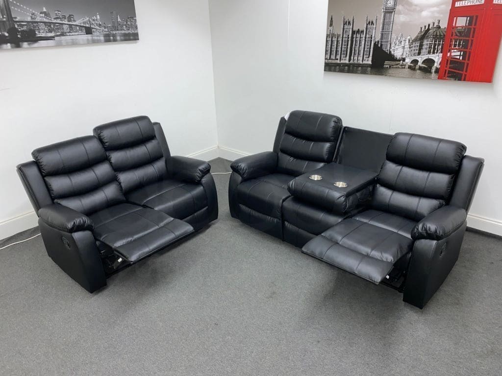 ' Lando ' Black Leather 3 Seater + 2 Seater Reclining Sofa Set | Couch | Fold Down Drinks Tray Table - Image 4