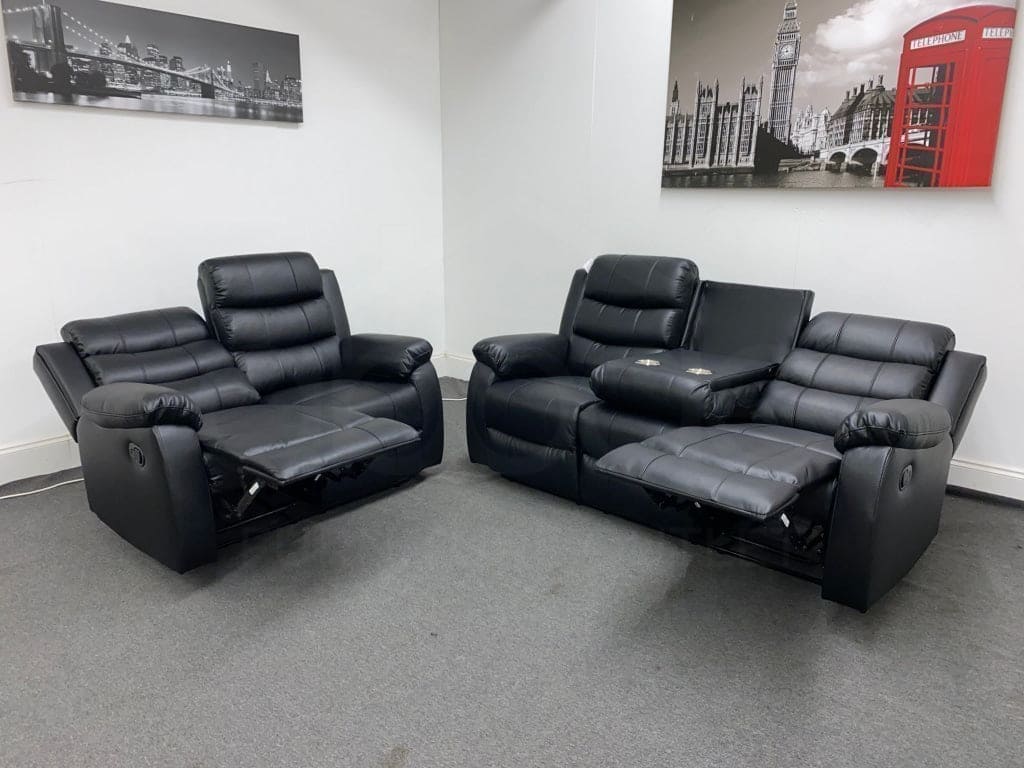 ' Lando ' Black Leather 3 Seater + 2 Seater Reclining Sofa Set | Couch | Fold Down Drinks Tray Table - Image 5