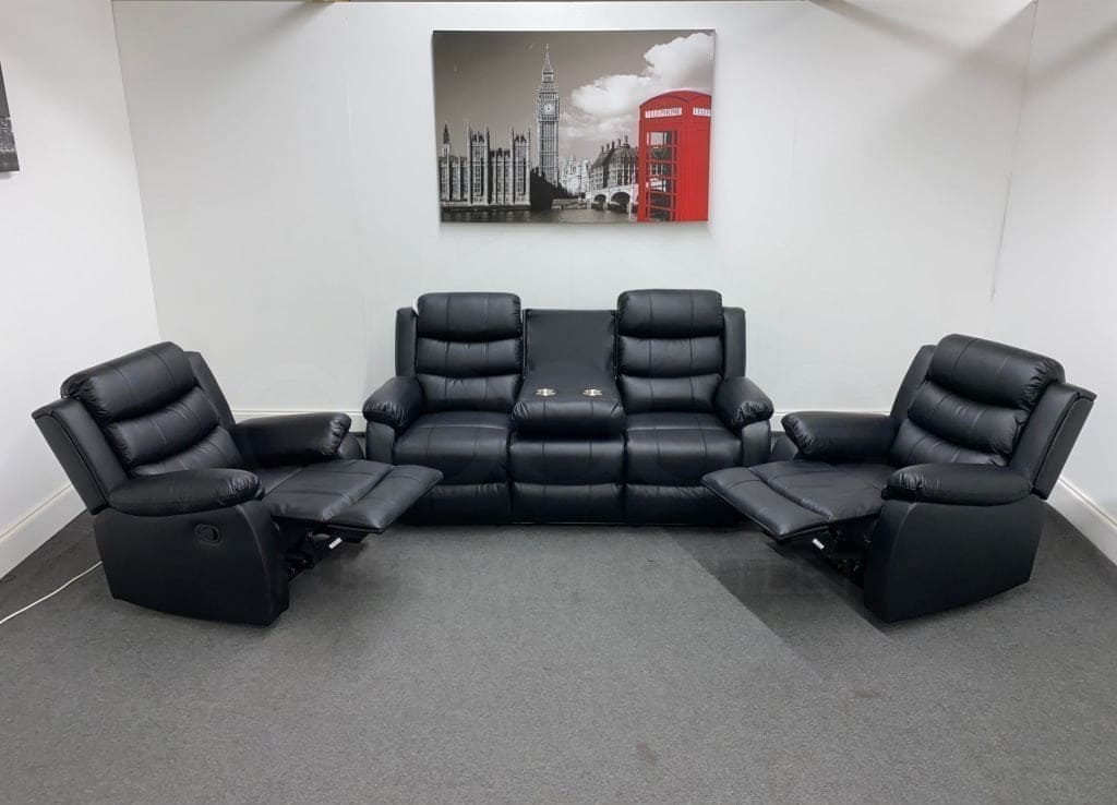 Lando Black Leather Reclining 3 Seater + 2 Armchairs Sofa Set | Couch