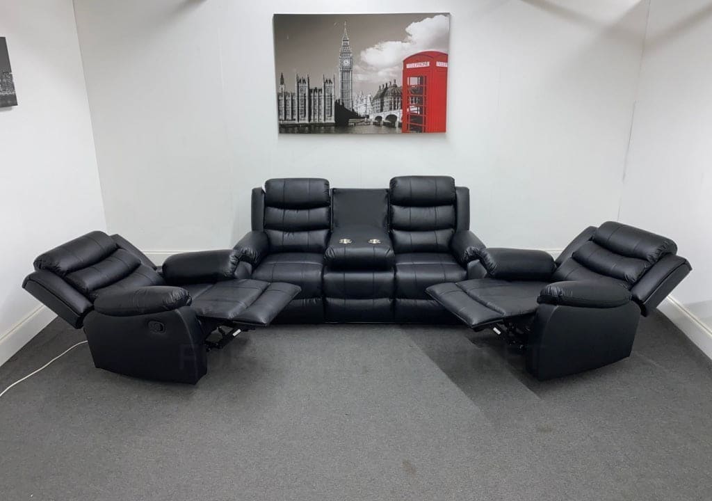 Lando Black Leather Reclining 3 Seater + 2 Armchairs Sofa Set | Couch - Image 5