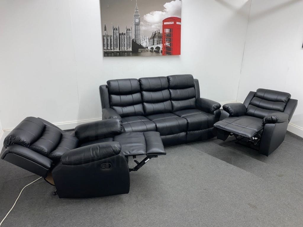 Lando Black Leather Reclining 3 Seater + 2 Armchairs Sofa Set | Couch - Image 6