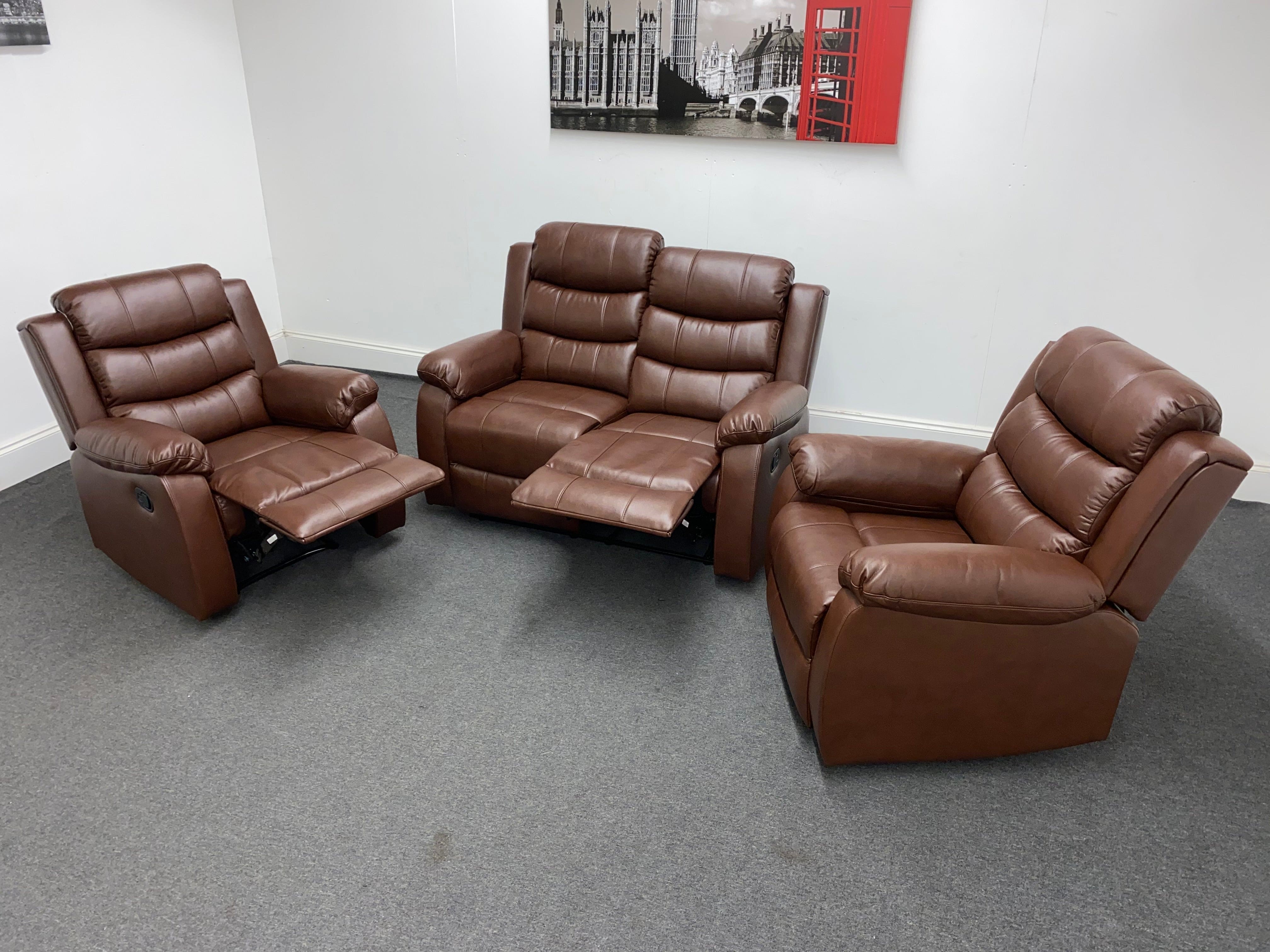 ' Lando ' Brown Leather Reclining 2 Seater + 2 Armchairs Sofa Suite Set - Image 9