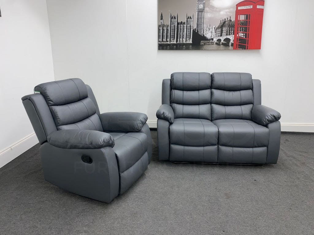 Landos Manual Recliner Grey Leather 2 Seater + 1 Armchair Seater Sofa Set - Image 3