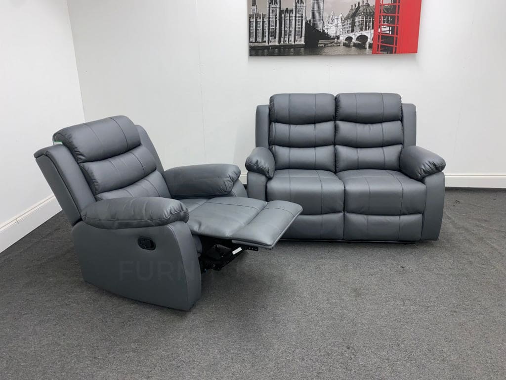Landos Manual Recliner Grey Leather 2 Seater + 1 Armchair Seater Sofa Set - Image 4