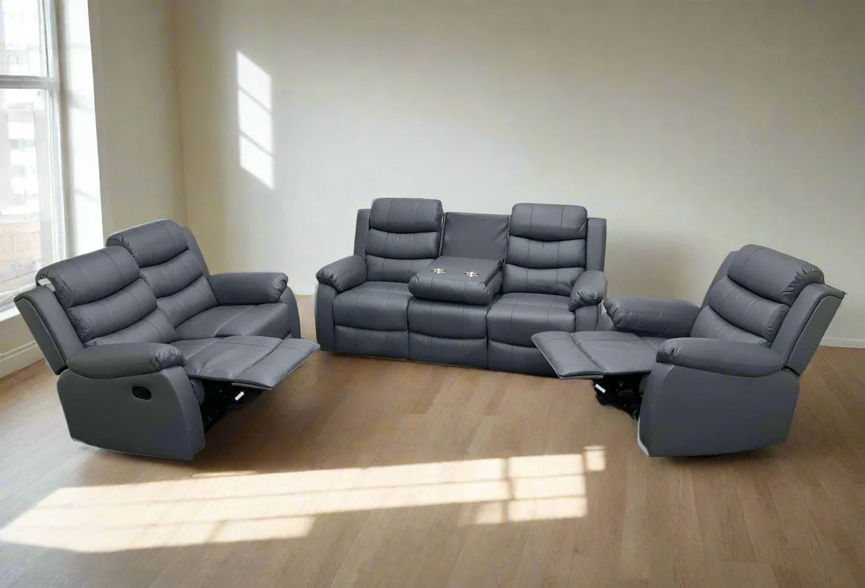 Lando Recliner Grey Leather 3 Seater + 2 Seater + 1 Armchair Sofa Set With Drop Down Tray Table | Couch | - Image 5
