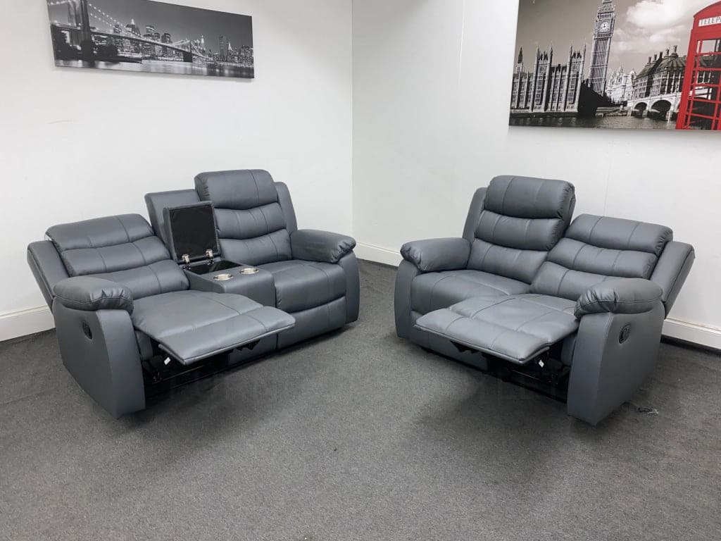 Lando Manual Recliner Grey Leather 2 Seater + 2 Seater with console Sofa Set