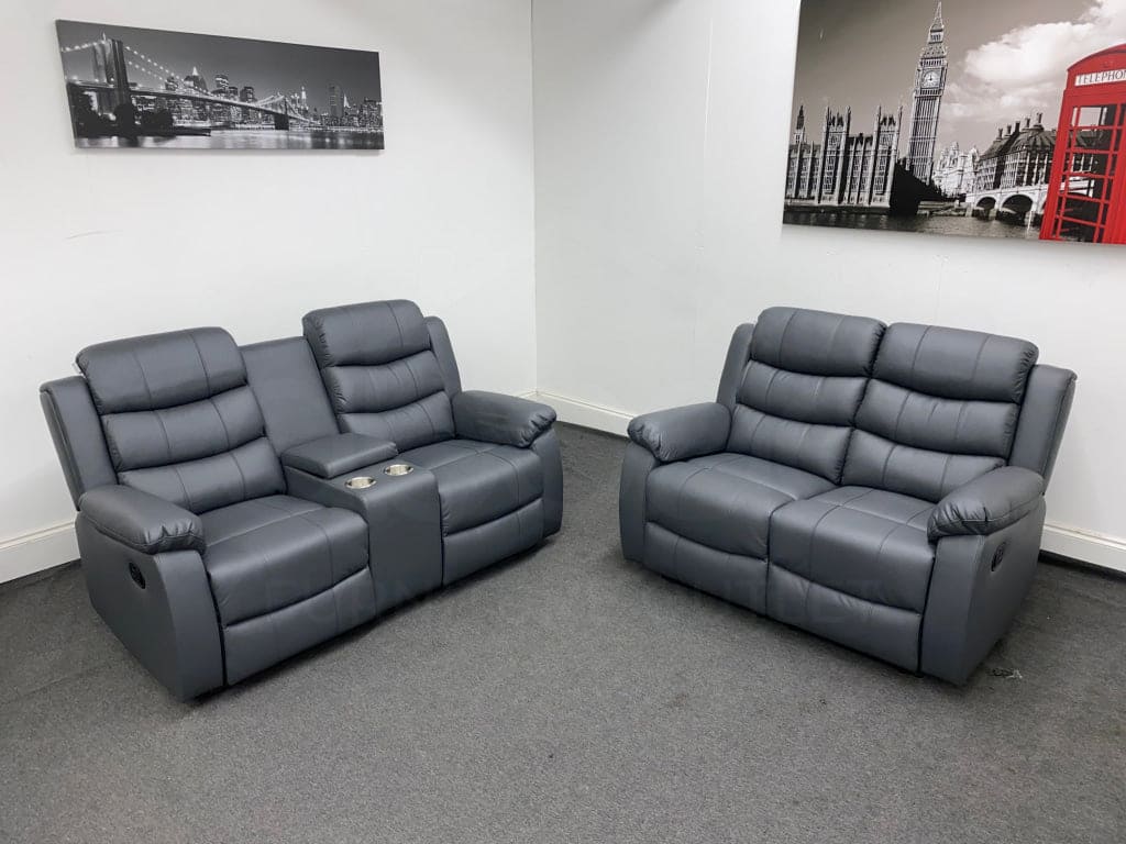 Lando Manual Recliner Grey Leather 2 Seater + 2 Seater with console Sofa Set - Image 3