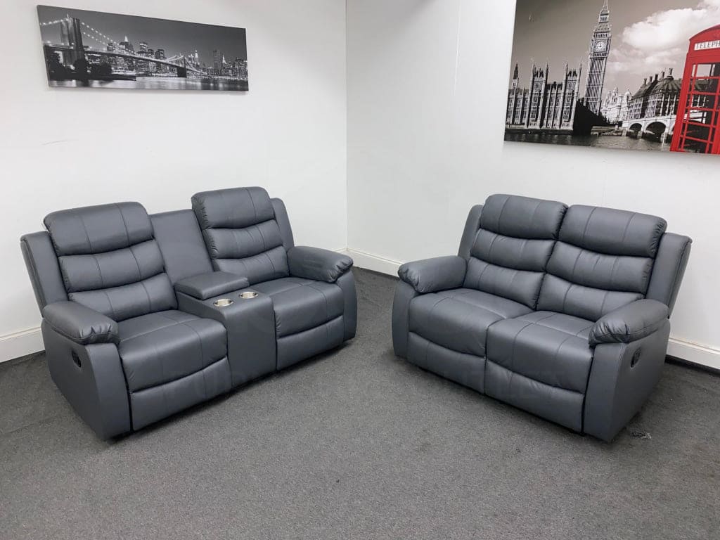 Lando Manual Recliner Grey Leather 2 Seater + 2 Seater with console Sofa Set - Image 4