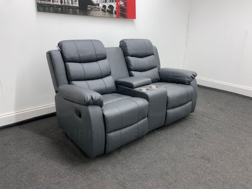 Lando Manual Recliner Grey Leather 2 Seater With Console Sofa - Image 2