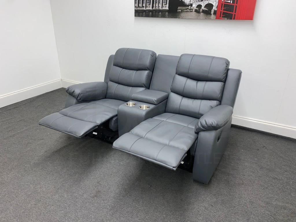 Lando Manual Recliner Grey Leather 2 Seater With Console Sofa - Image 6