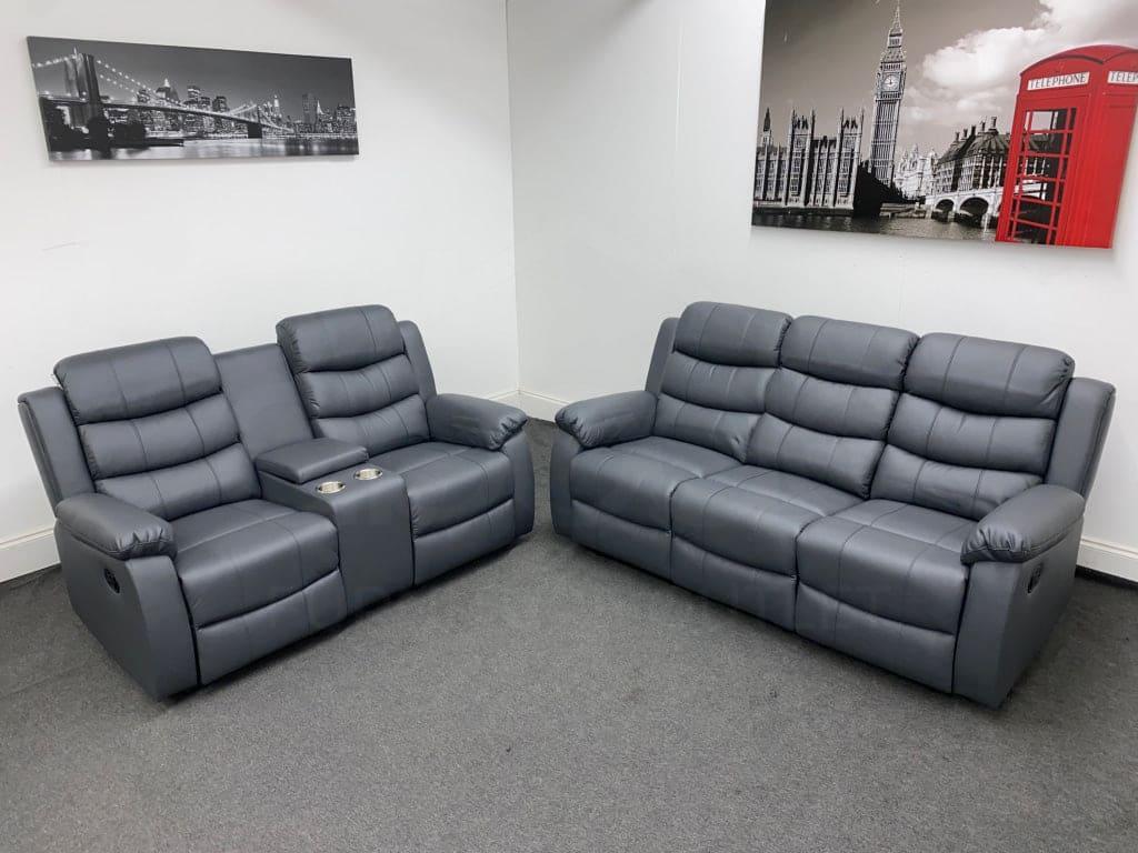 Lando Manual Recliner Grey Leather 3 + 2 Seater with console Sofa Set - Image 2