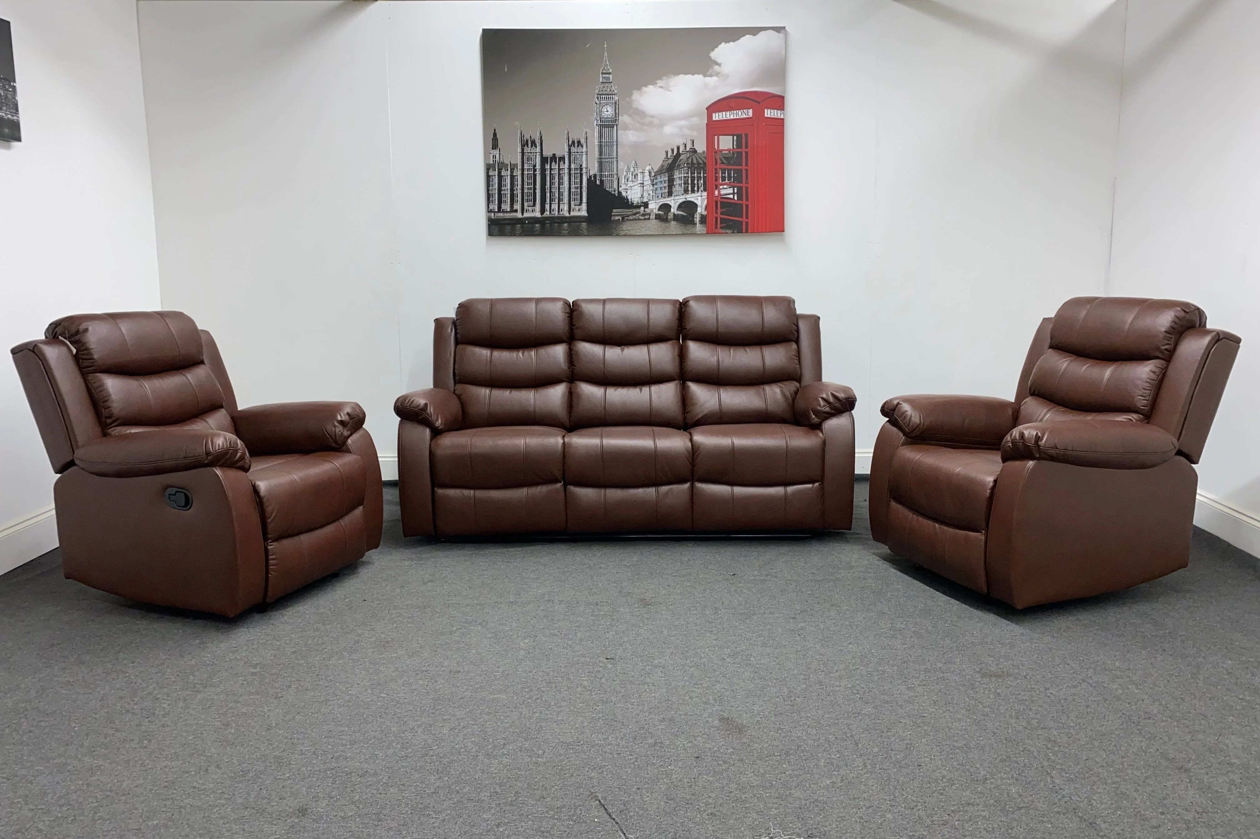 Lando Recliner Brown Leather 3 + 1 + 1 Seater Sofa (Couch) Set With Drop Down Drinks Table & 2 Stage Recliner Motion - Image 2