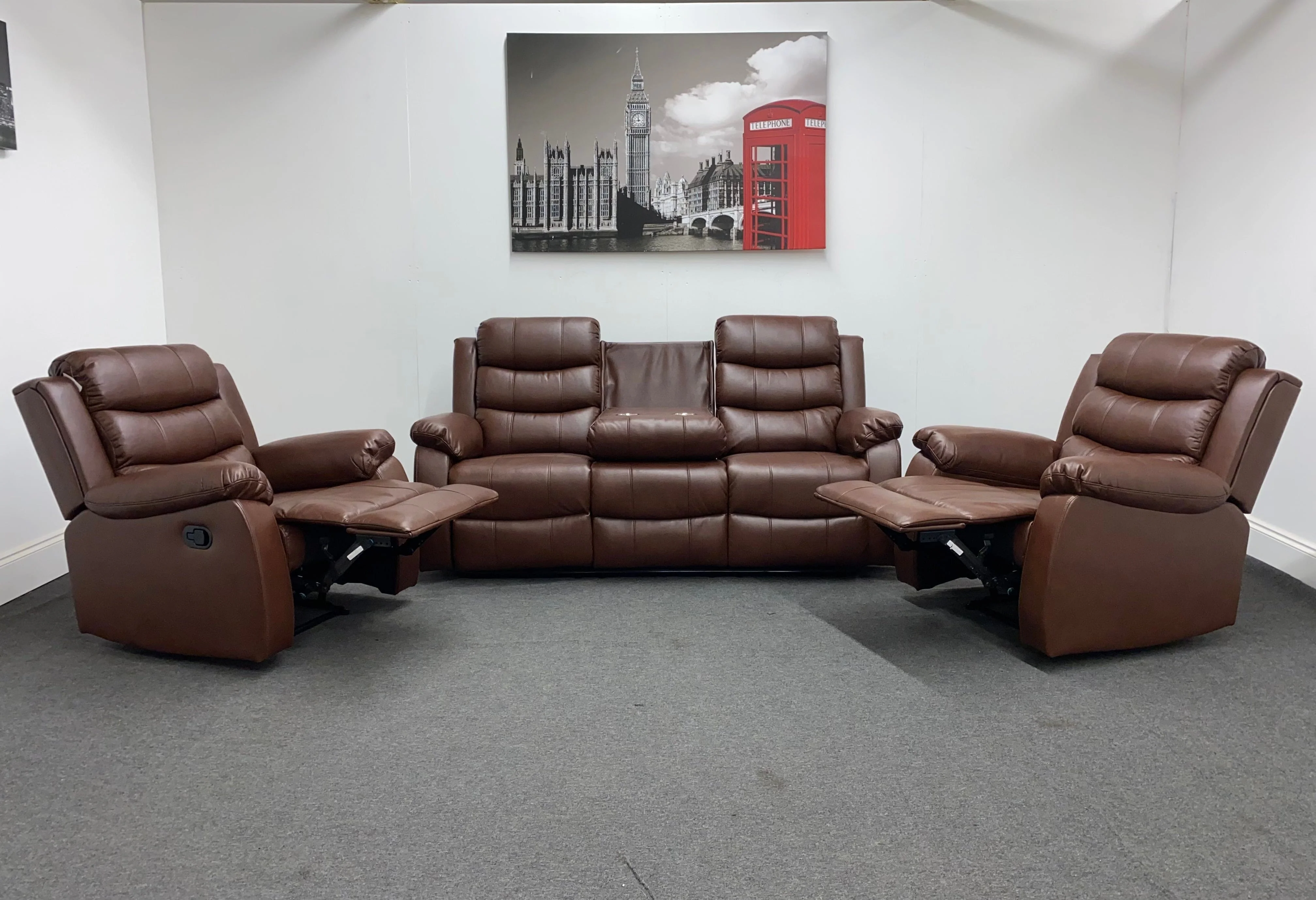 Lando Recliner Brown Leather 3 + 1 + 1 Seater Sofa (Couch) Set With Drop Down Drinks Table & 2 Stage Recliner Motion - Image 3
