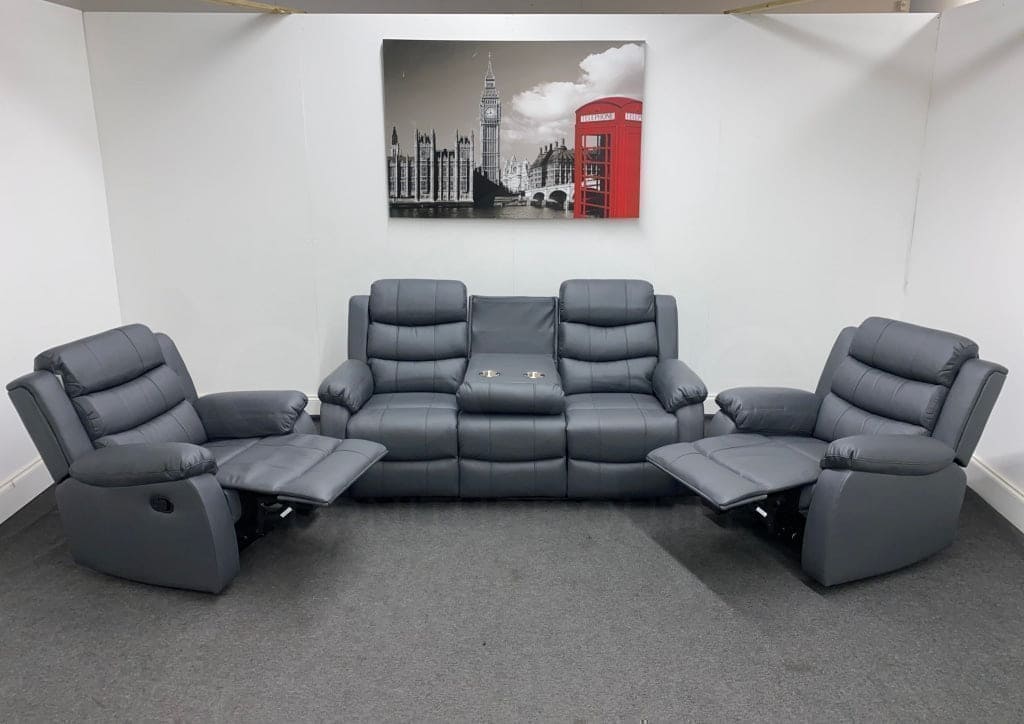 Lando Recliner Grey Leather 3 Seater Sofa & 2 Armchairs Sofa Set | Couch |