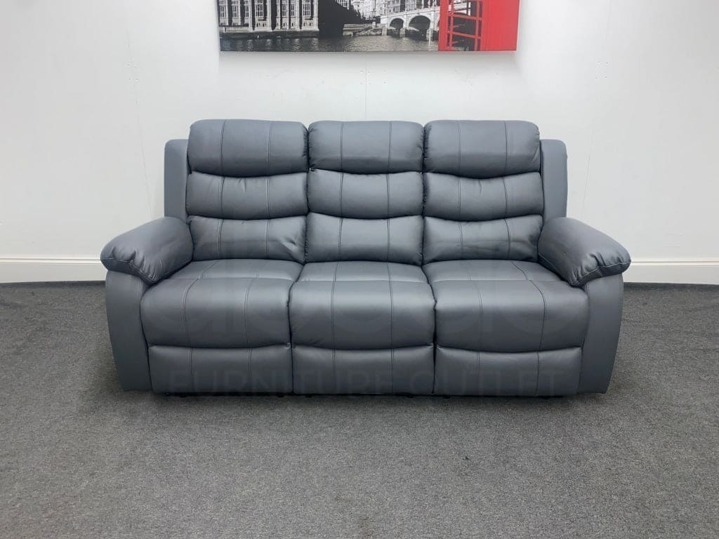 "Lando" Grey Leather 3 Seater Reclining Sofa Suite | High Backrest | Drinks Tray Table - Image 3