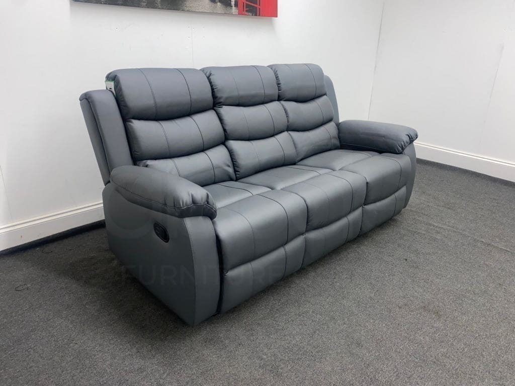 "Lando" Grey Leather 3 Seater Reclining Sofa Suite | High Backrest | Drinks Tray Table - Image 4