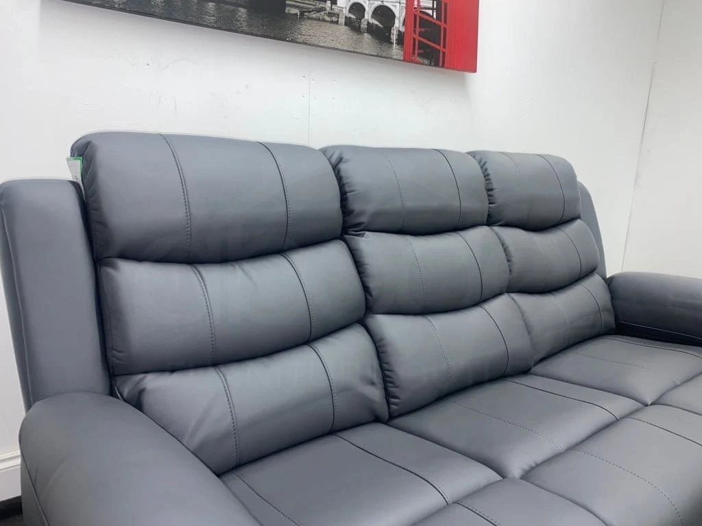 "Lando" Grey Leather 3 Seater Reclining Sofa Suite | High Backrest | Drinks Tray Table - Image 7