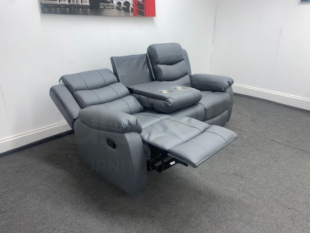 "Lando" Grey Leather 3 Seater Reclining Sofa Suite | High Backrest | Drinks Tray Table - Image 8