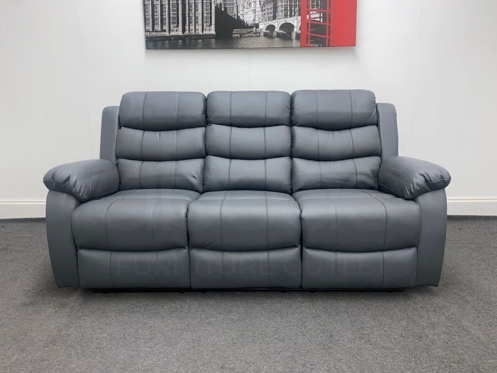 "Lando" Grey Leather 3 Seater Reclining Sofa Suite | High Backrest | Drinks Tray Table - Image 9