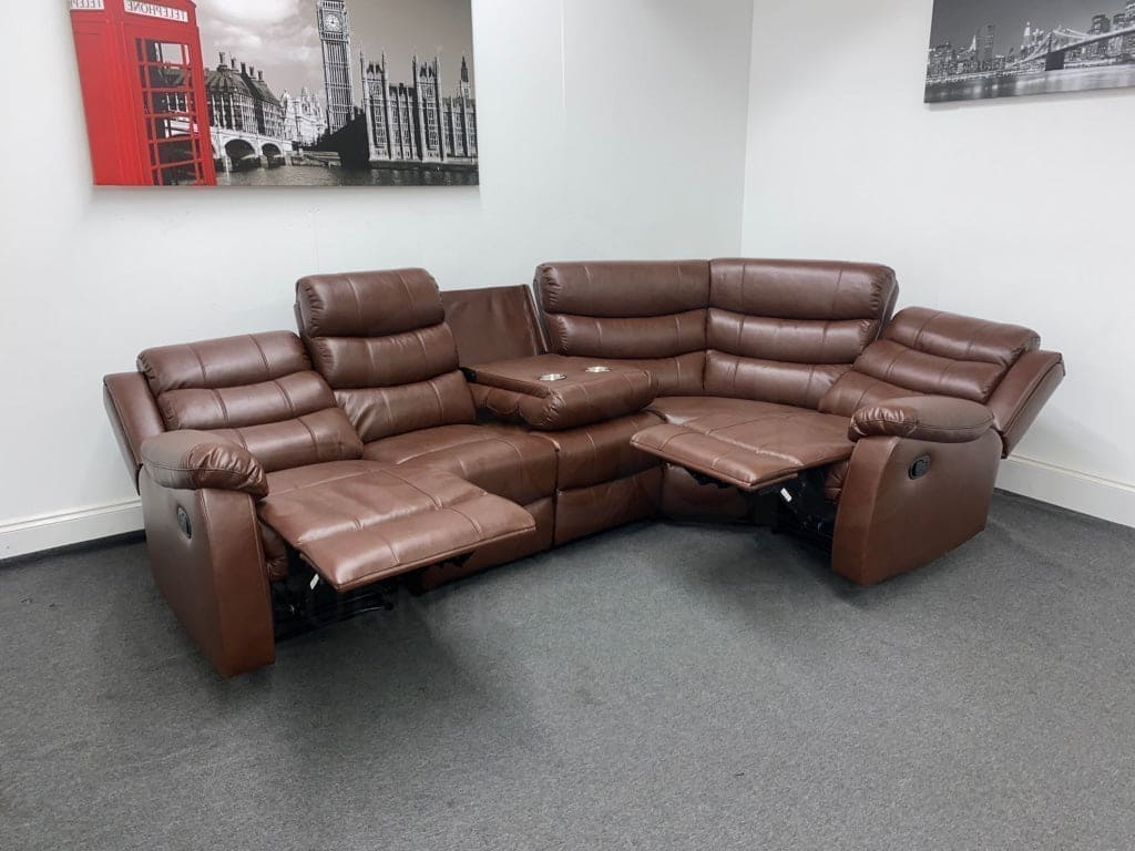 Lando Brown Leather Reversible Recliner Corner Sofa With Fold Down Drinks Tray Table - Image 4