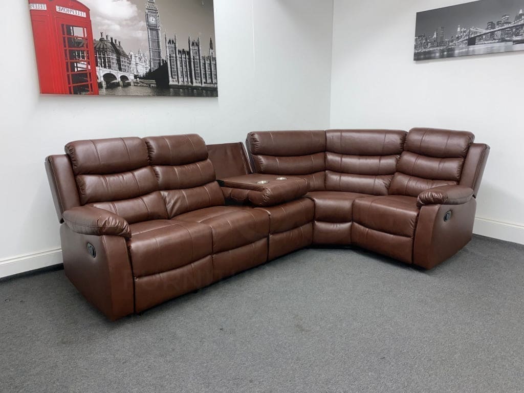 Lando Brown Leather Reversible Recliner Corner Sofa With Fold Down Drinks Tray Table - Image 5