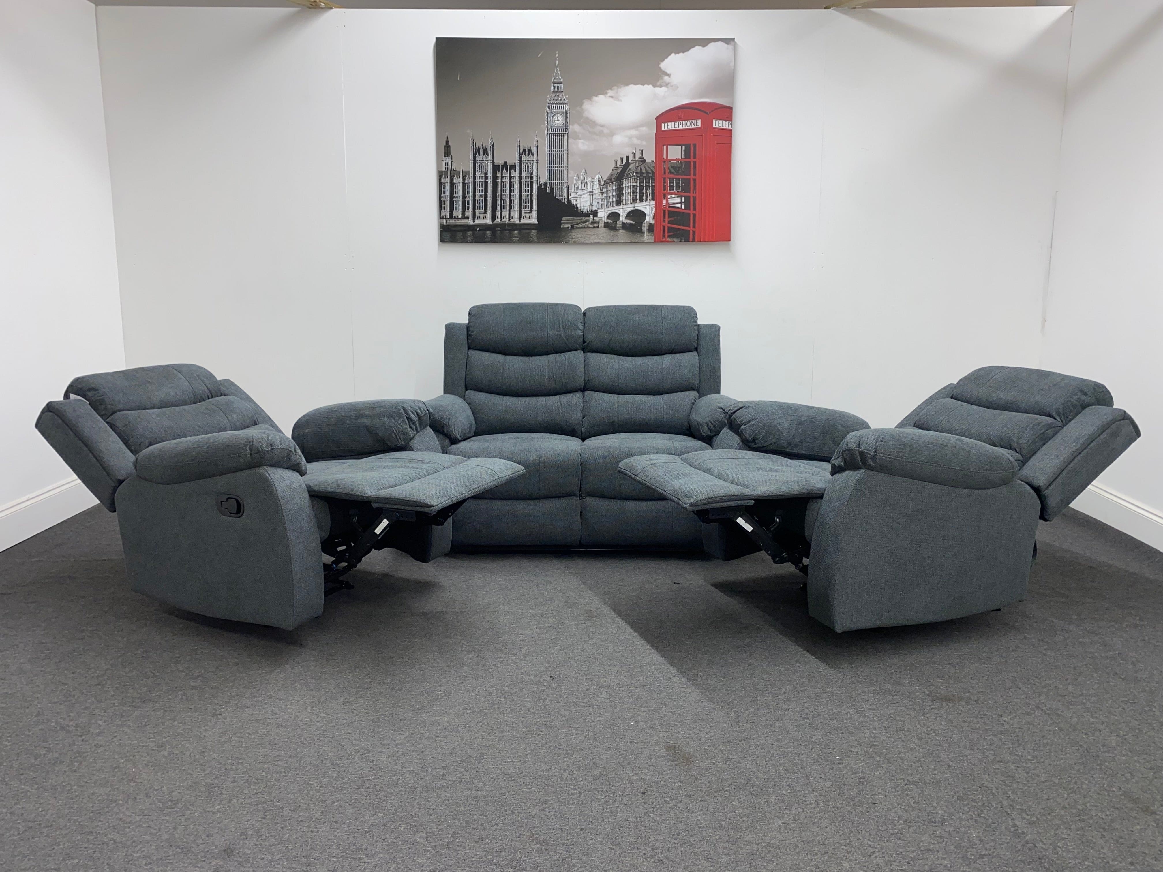 ‘Lewson’ Charcoal Grey Fabric Recliner 2 + 1 + 1 Seater Sofa + Armchair Sofa Suite Set | Couch | - Image 10
