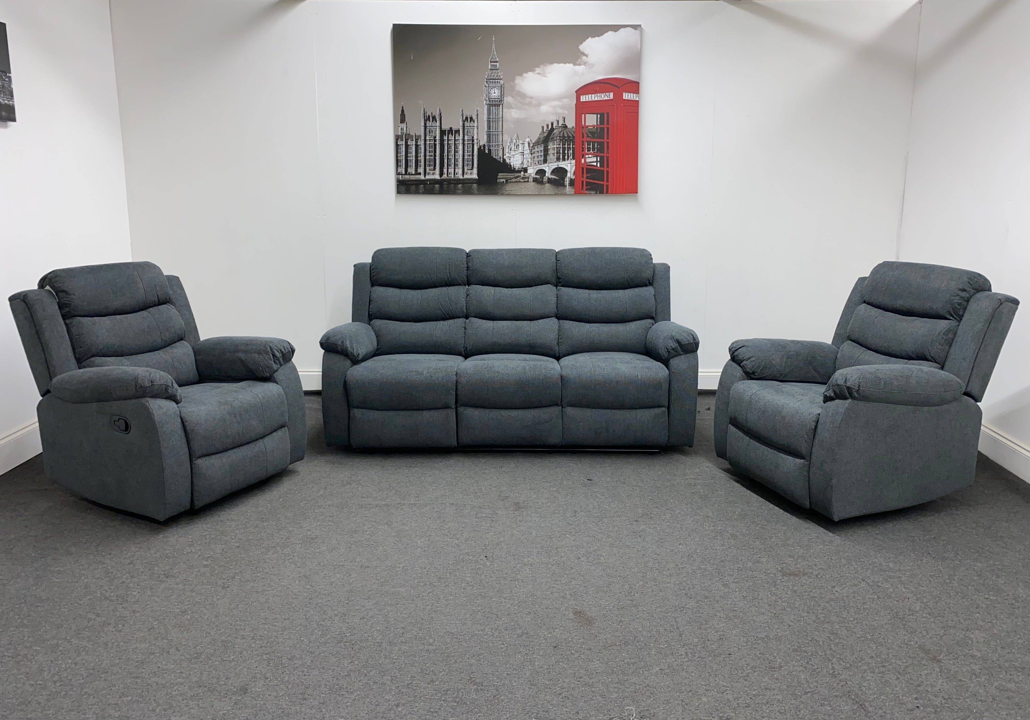 ‘Lewson’ Charcoal Grey Fabric Recliner 3 + 1 + 1 Seater with Drinks Tray Table - Image 2