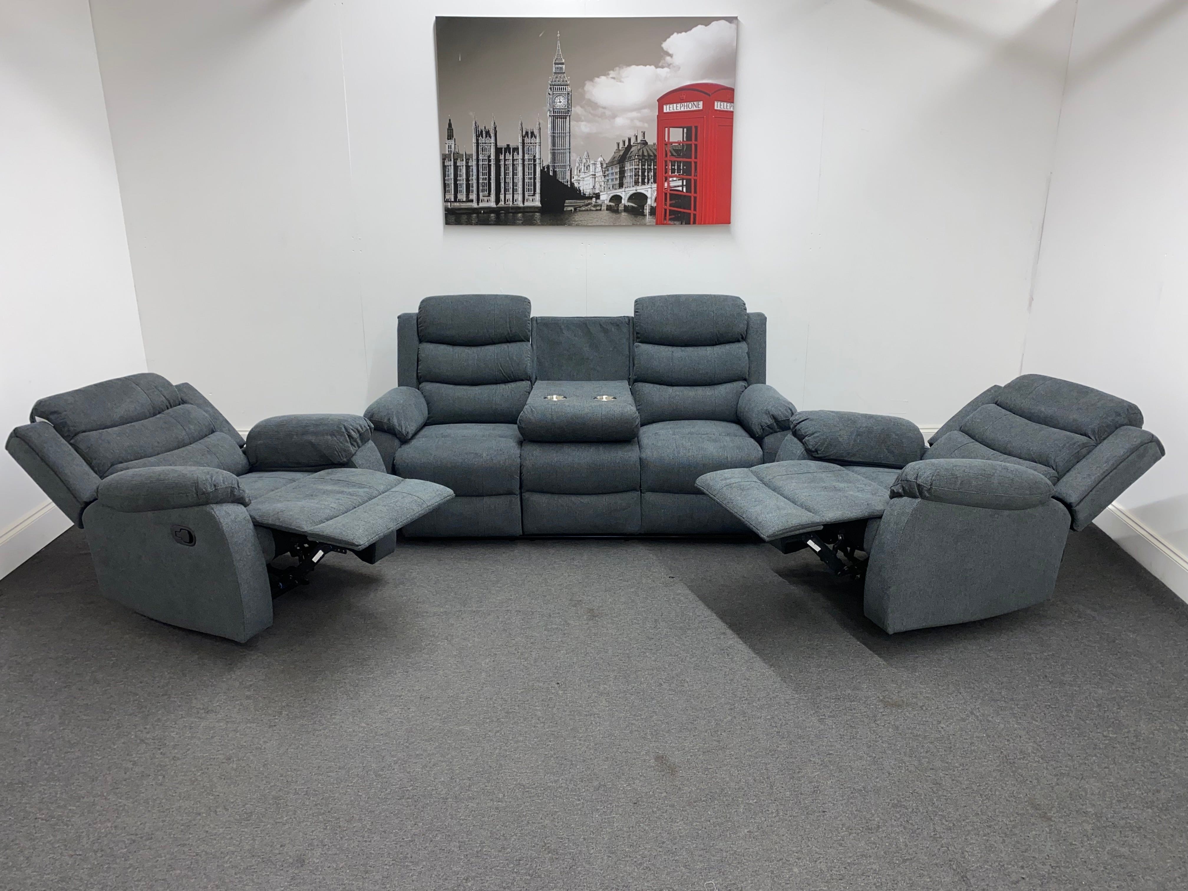 ‘Lewson’ Charcoal Grey Fabric Recliner 3 + 1 + 1 Seater with Drinks Tray Table - Image 7