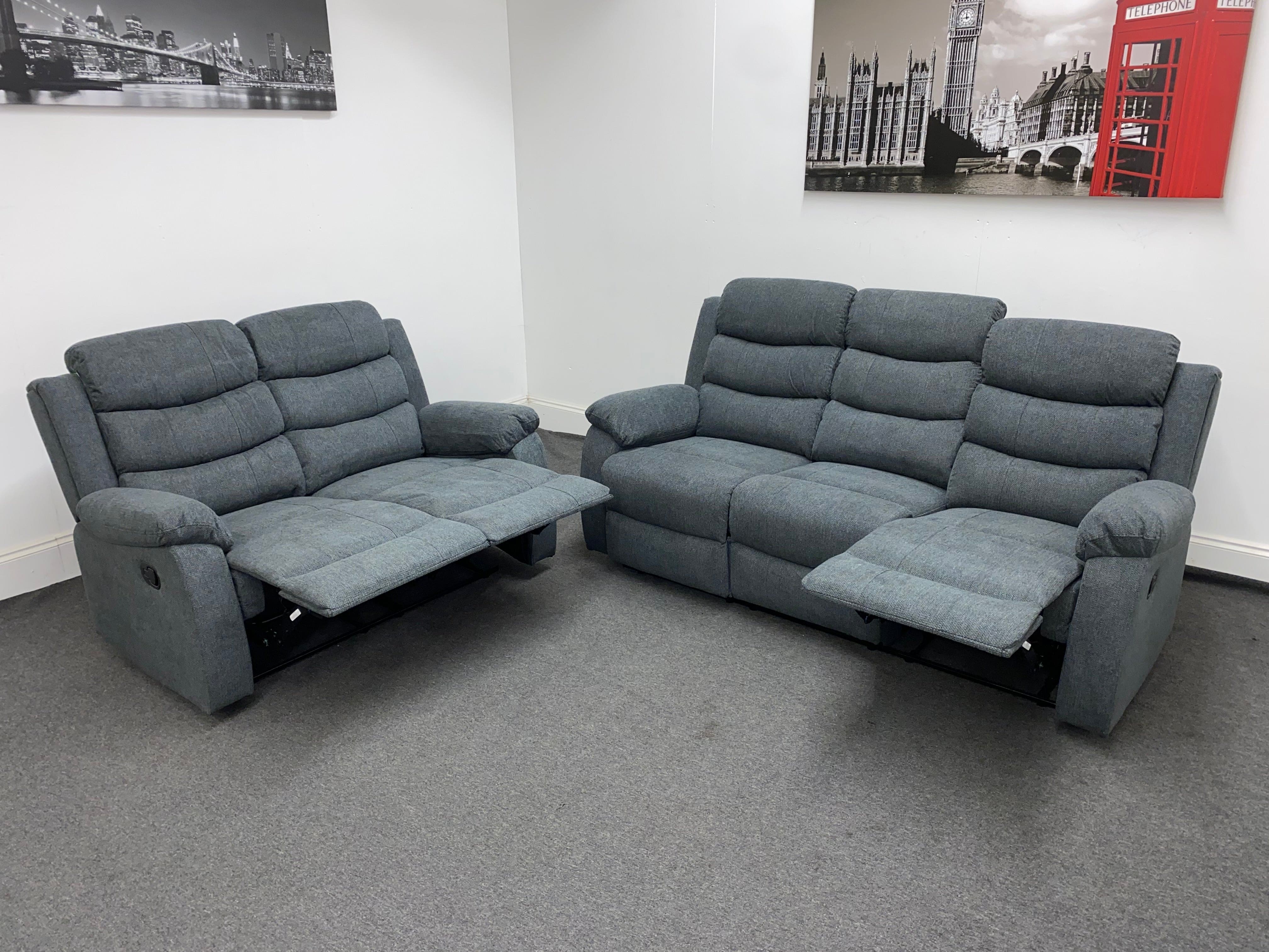 ‘Lewson’ Charcoal Grey Fabric Recliner 3 Seater + 2 Seater Sofa Set + Drinks Tray Table | Couch | - Image 5