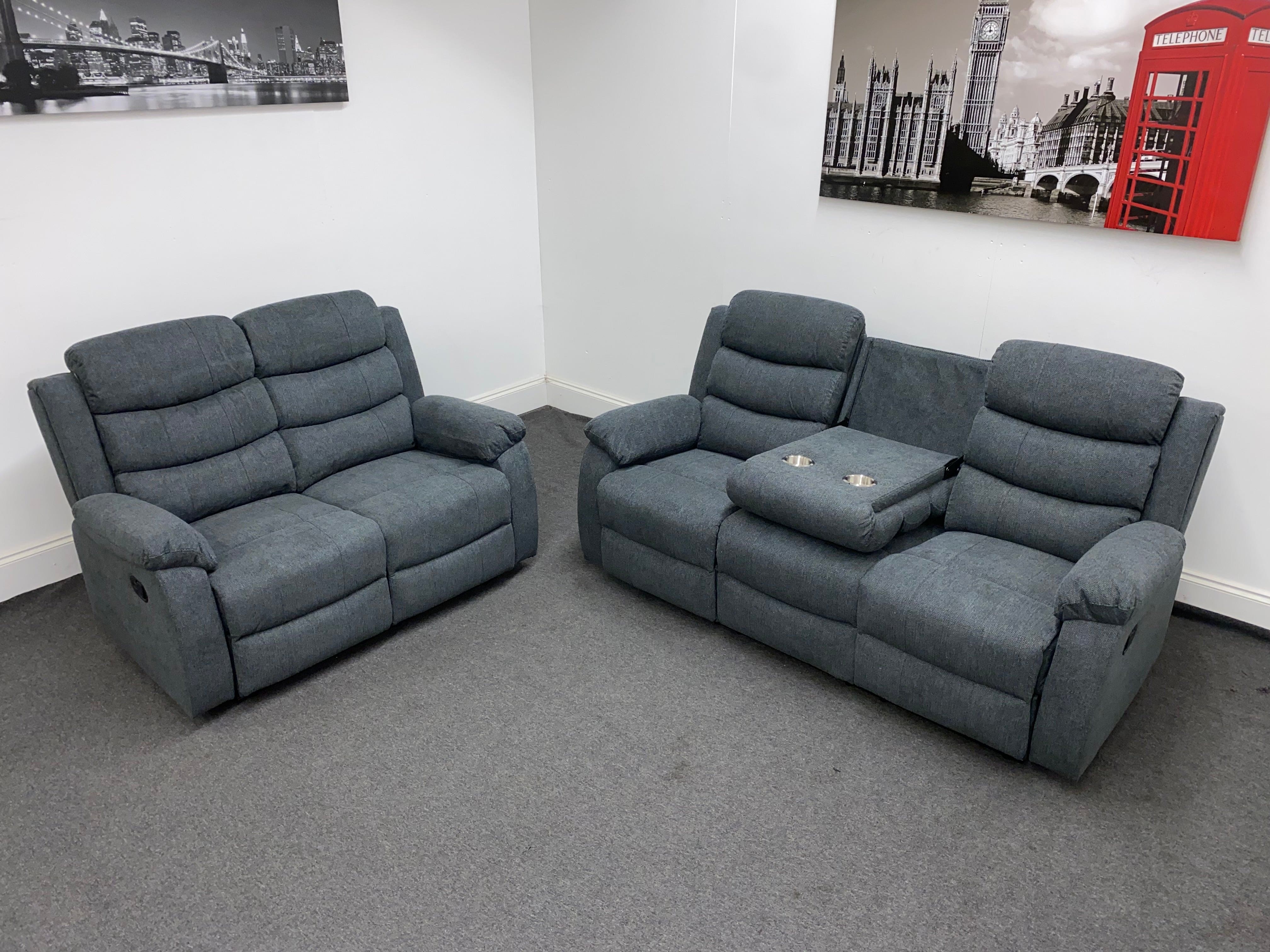 ‘Lewson’ Charcoal Grey Fabric Recliner 3 Seater + 2 Seater Sofa Set + Drinks Tray Table | Couch | - Image 6