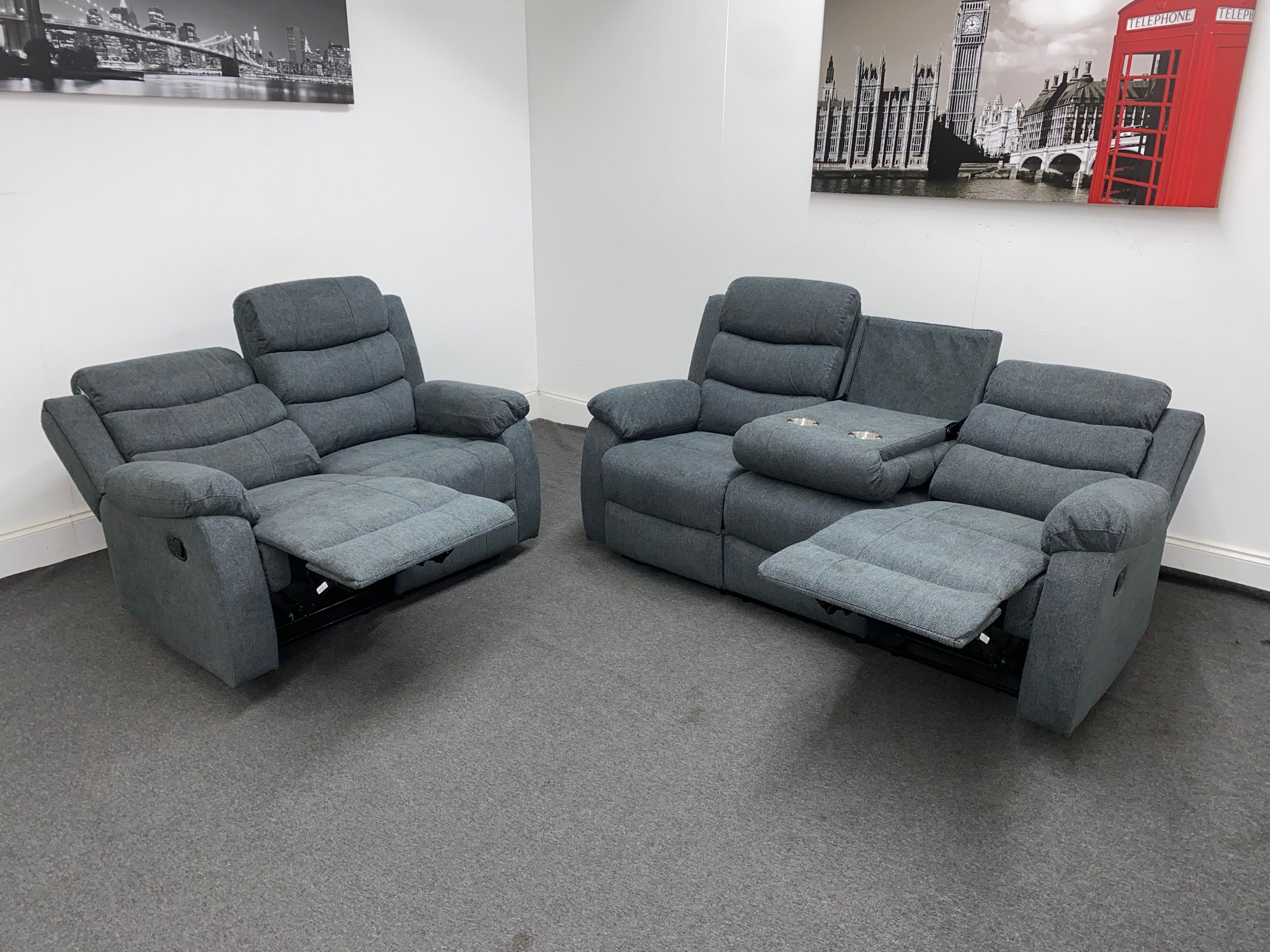 ‘Lewson’ Charcoal Grey Fabric Recliner 3 Seater + 2 Seater Sofa Set + Drinks Tray Table | Couch | - Image 7