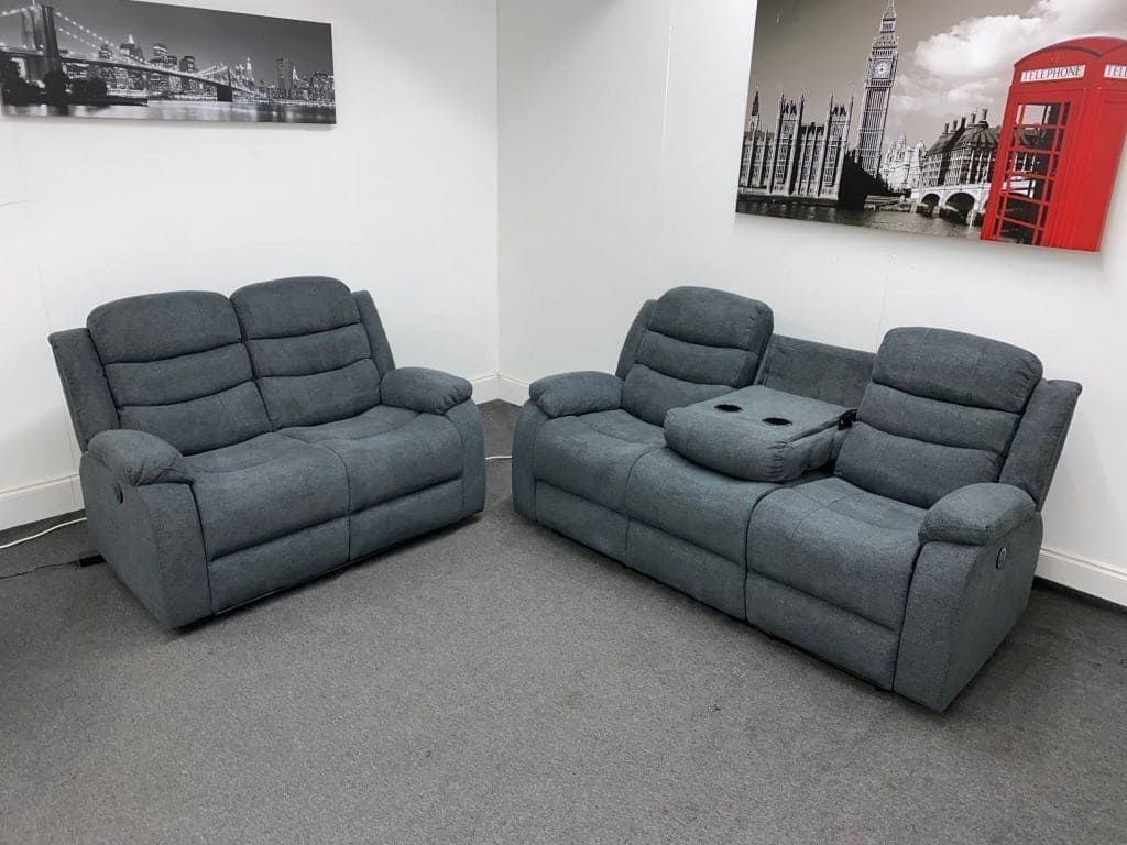 LIMITED TIME OFFER - "Lewson" Electric / Power Reclining Charcoal Grey Fabric Sofa Set - USB Charging & Drinks Tray Table Plus High Seating & Backrest Position | Couch | - Image 3