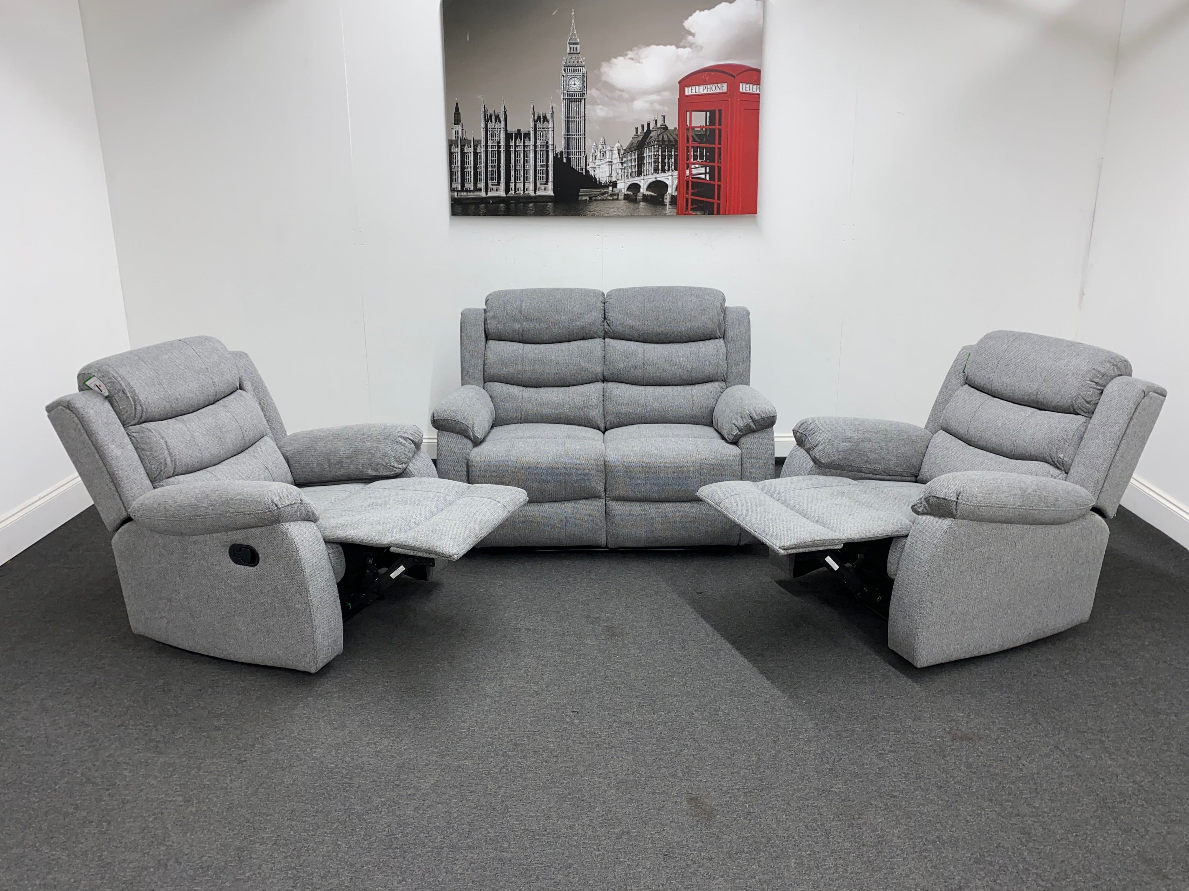‘Lewson’ Grey Fleck Fabric Recliner 2 + 1 + 1 Seater Sofa & Armchair Suite Set | Couch